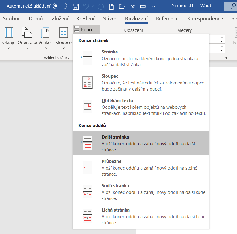 Jak vložit konec Sloupce Word?