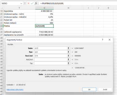 Výpočet výše měsíční platby hypotéky v MS Excel | Moje Znalosti